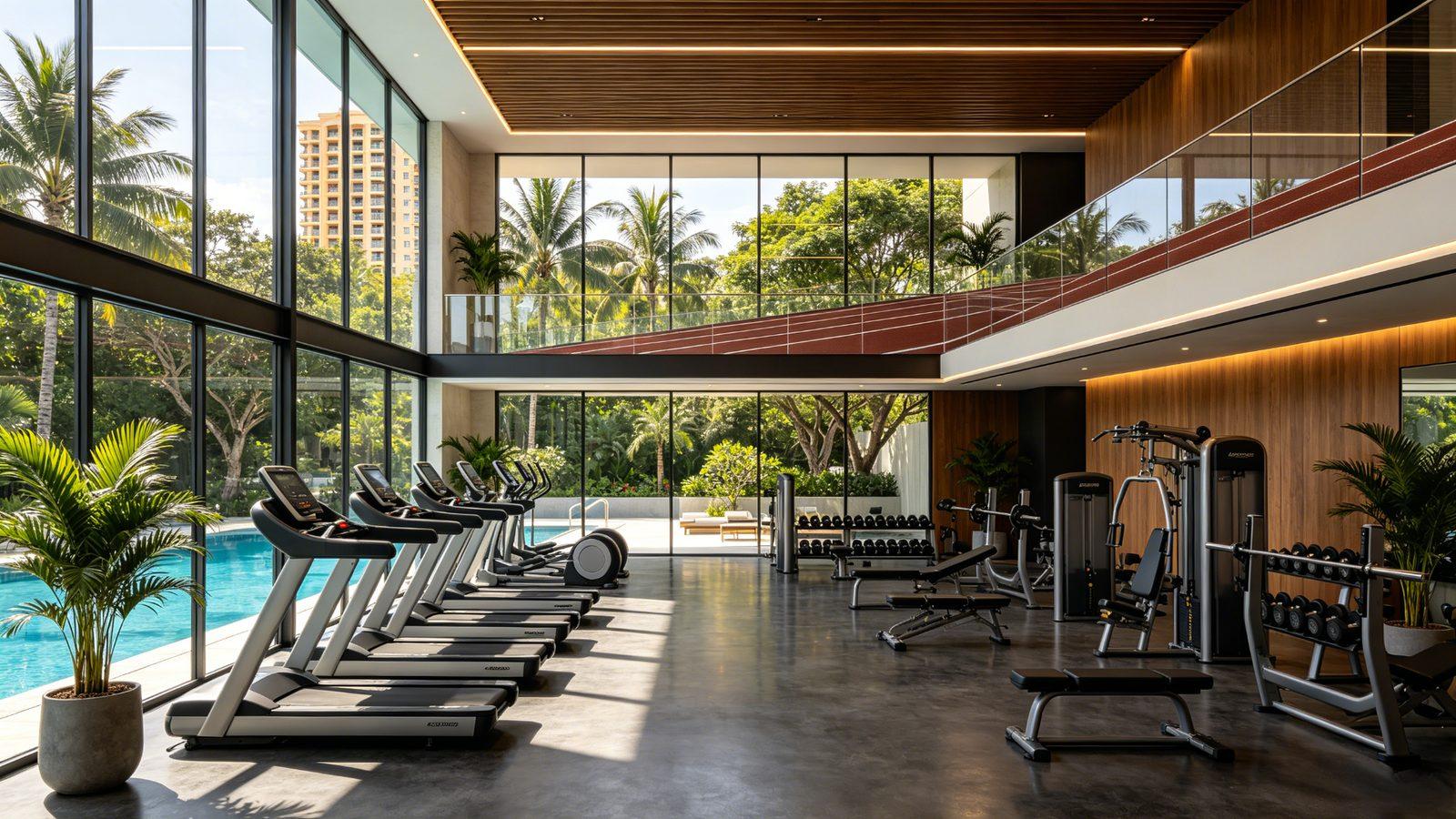 Solano Grand gymnasium overlooking pool