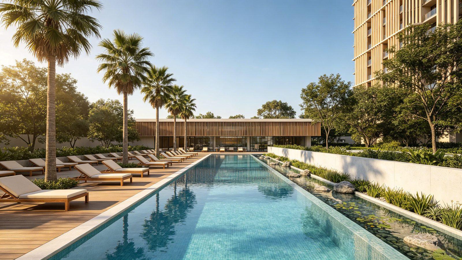 Solano Grand long lap pool with palm trees and cabanas under golden hour light