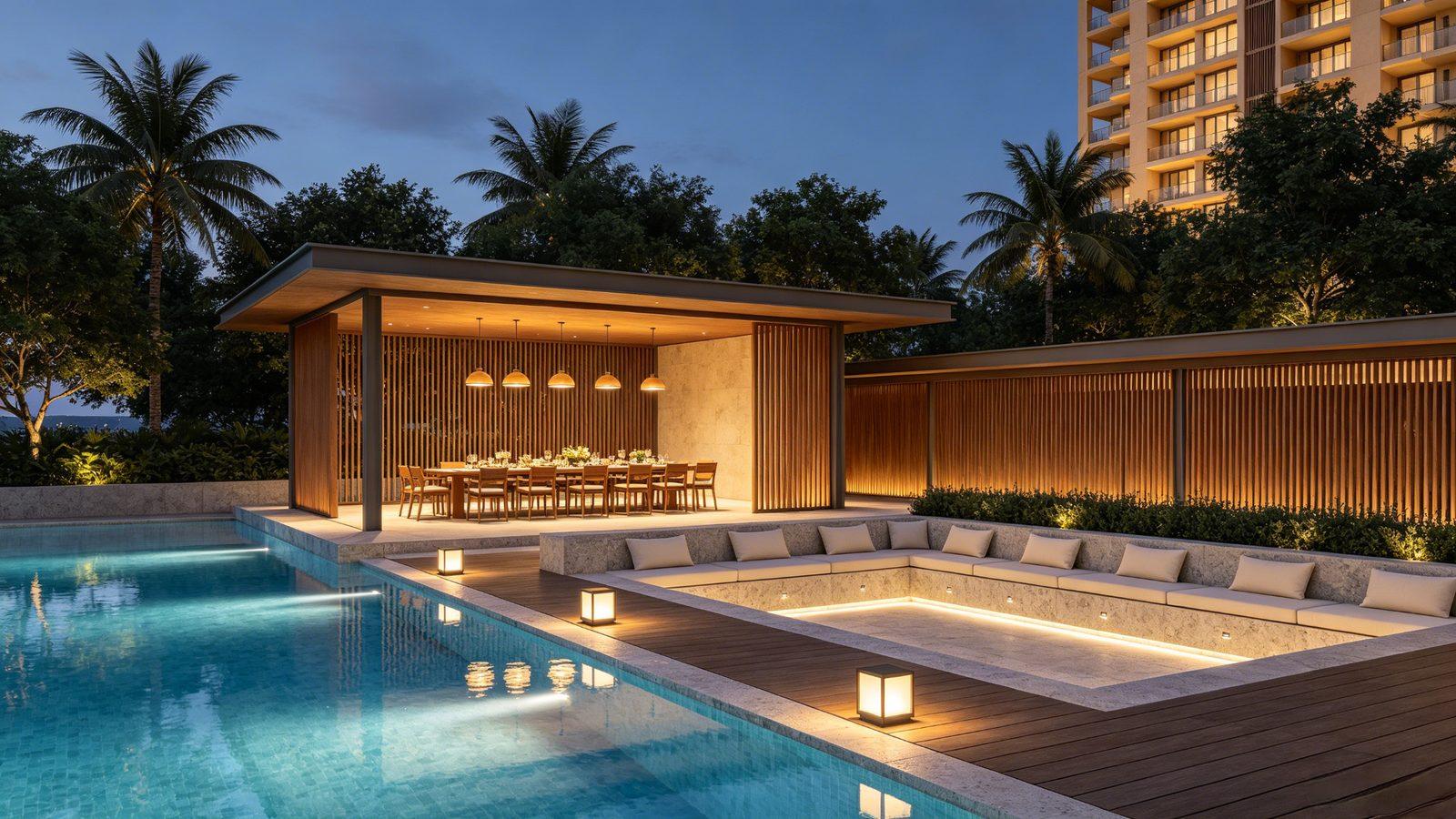 Solano Grand poolside cabana with outdoor dining pavilion at blue hour